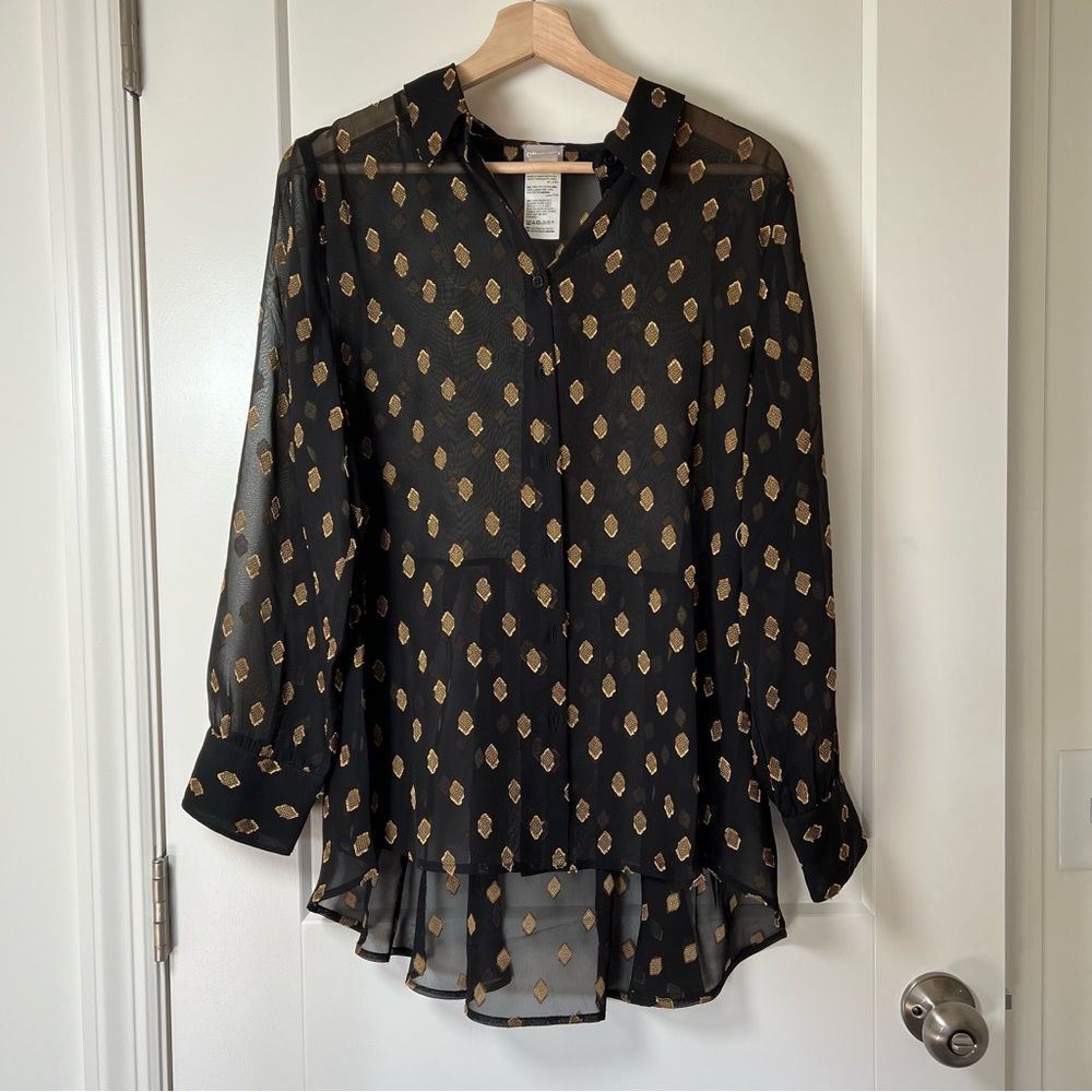Chico’s Indian Vintage 90s/Y2K Sheer Black & Gold Boho Button-Up Blouse 🖤⚜️